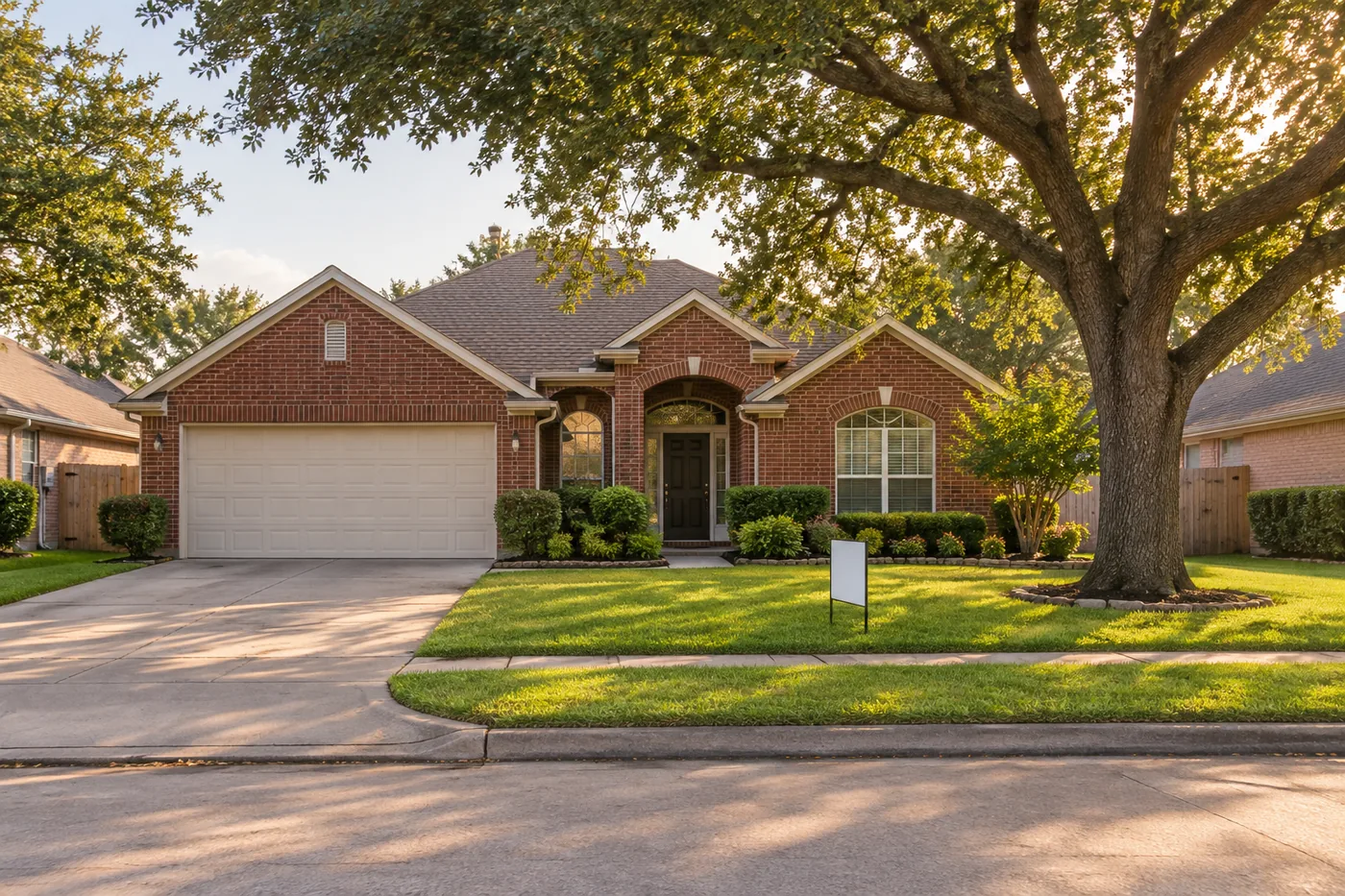 Hình minh họa nhà gạch đỏ và cây sồi trên đường dân cư ở Houston