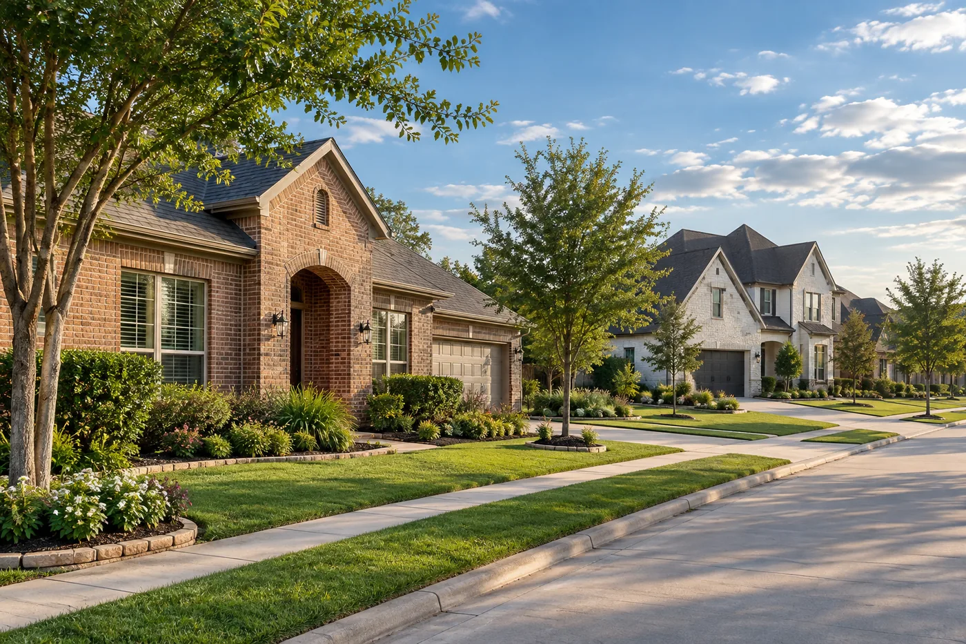 Hình minh họa nhà resale có cây lớn và nhà mới xây trong khu dân cư vùng Cypress–Katy