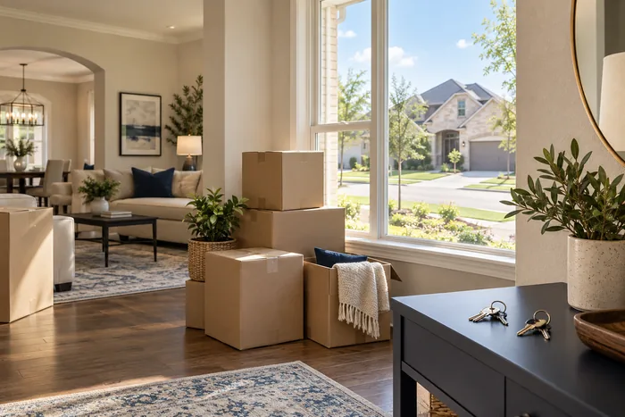 Hình minh họa thùng chuyển nhà và hai bộ chìa khóa trong một căn nhà vùng Houston