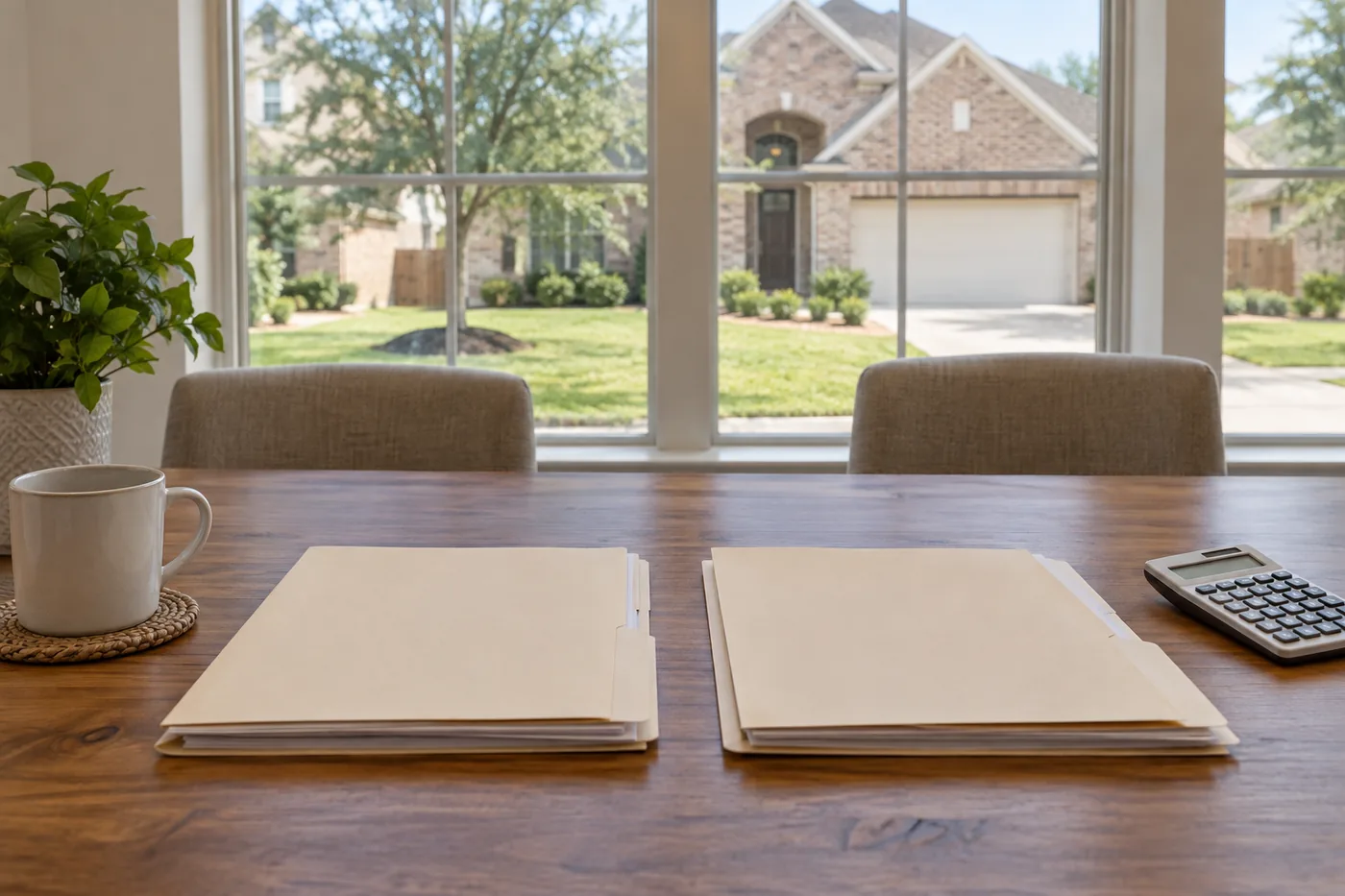 Hình minh họa hai hồ sơ thuê được đặt ngang nhau trên bàn trong căn nhà Houston