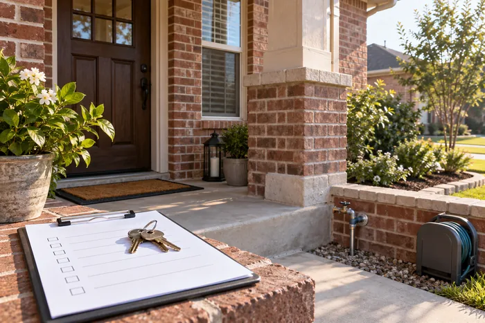 Hình minh họa chìa khóa và checklist ở lối vào nhà gạch đỏ kiểu Pasadena