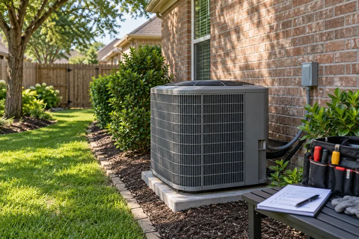 Hình minh họa dàn nóng máy lạnh cạnh nhà gạch đỏ vùng Houston và túi dụng cụ bảo trì