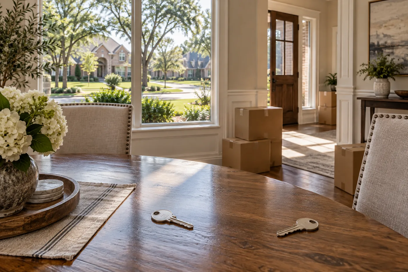 Hình minh họa hai bộ chìa khóa và thùng chuyển nhà trong căn nhà kiểu Houston