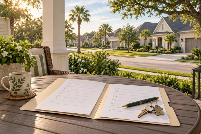 Hình minh họa hồ sơ checklist và chìa khóa trước dãy nhà ngoại ô kiểu vùng Houston