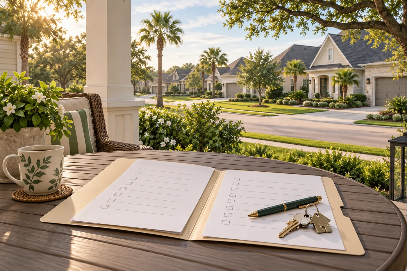 Hình minh họa hồ sơ checklist và chìa khóa trước dãy nhà ngoại ô kiểu vùng Houston