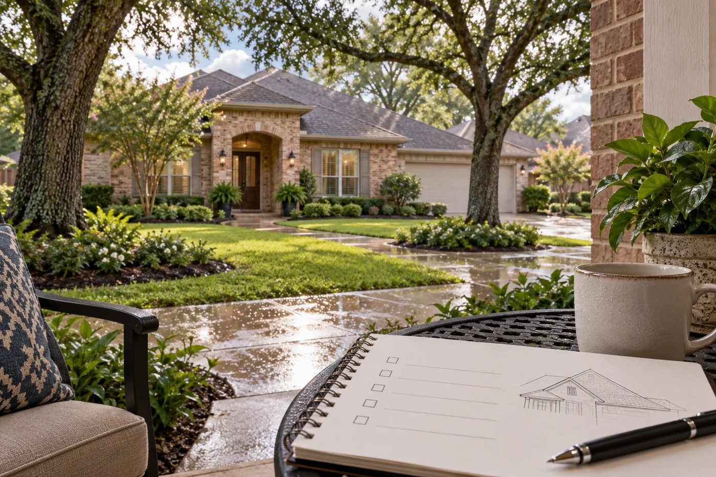 Hình minh họa nhà gạch kiểu Houston sau mưa và sổ chuẩn bị hỏi bảo hiểm trên bàn hiên