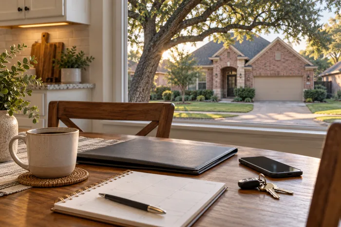 Hình minh họa bàn ăn với điện thoại, lịch và chìa khóa, nhìn ra căn nhà gạch vùng Houston