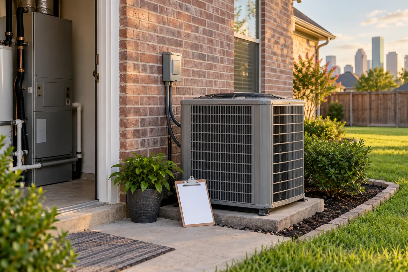 Hình minh họa thiết bị HVAC bên nhà gạch kiểu Houston và checklist bảo trì