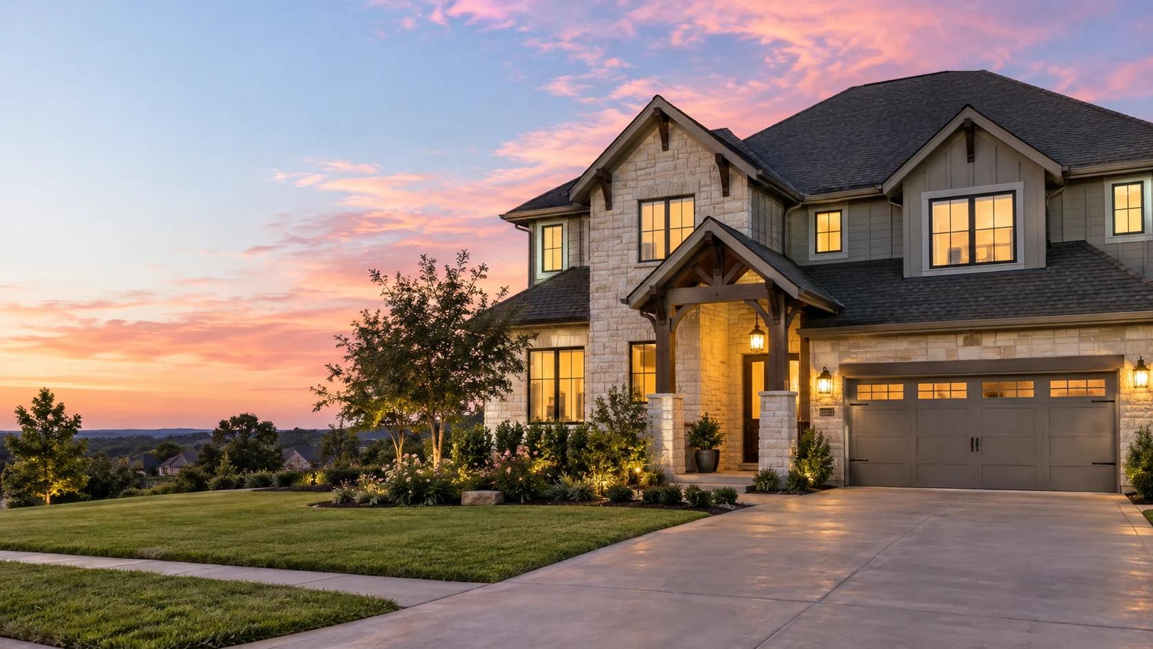 AI-generated illustration of a Houston home at sunset